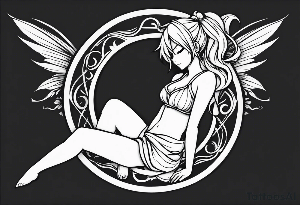 No color fairy with a tail inspired by the logo of the anime show called Fairy Tail in a fetal position leaning in and forward while sleeping tattoo idea