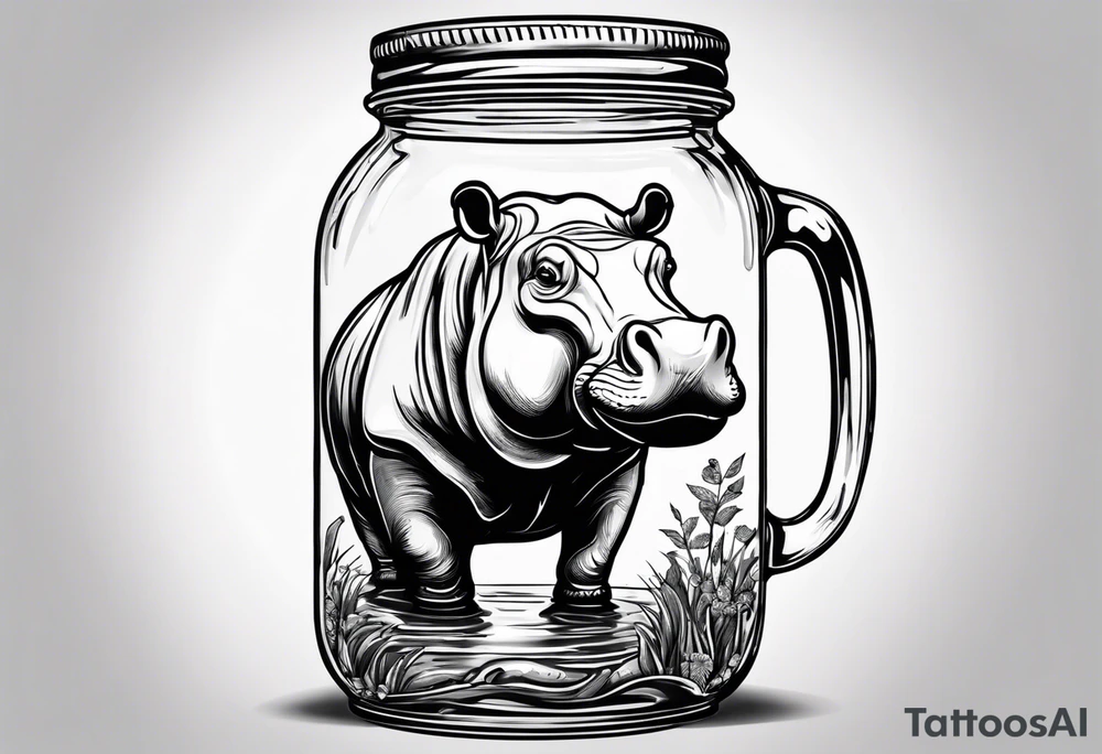 Hippo floating in a Mason jar filled with water tattoo idea