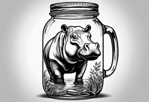 Hippo floating in a Mason jar filled with water tattoo idea