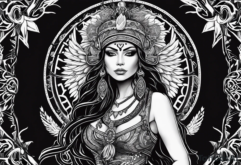 black kali, goddess pirate, pachamama, valkrye, warrior, skull, lotus azul, wing, eagle, zenza resonance, stars tattoo idea