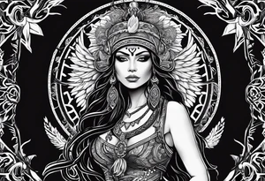 black kali, goddess pirate, pachamama, valkrye, warrior, skull, lotus azul, wing, eagle, zenza resonance, stars tattoo idea