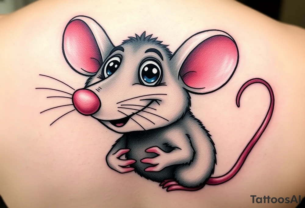 The image shows a cartoon rat with a long pointed nose, huge bulging eyes, and a cheeky, mischievous smile. The rat is grey with big pink ears and a thin pink tail visible on the right. Its little hands are held up close to its chest in a playful, sneaky pose. The expression makes the rat look funny, surprised, and a bit sly at the same time.

I want all his body..bigger nose, eyes poped out from the head + foots / i want the picture from the profile/side tattoo idea