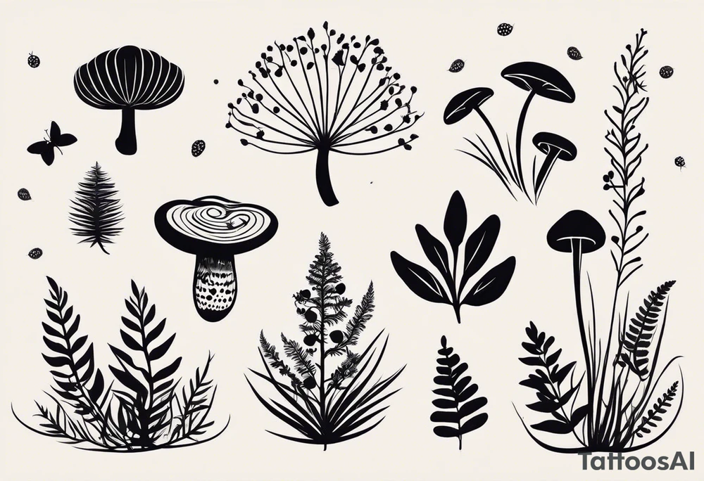 forest floor inspired minimalist tattoo, which includes grass, curly ferns, moss and dead leaves as the bulk of the tattoo. details to include: forest berries, a tiny bumblebee flying nearby, three small brown mushrooms
Generate a vertically long one tattoo idea