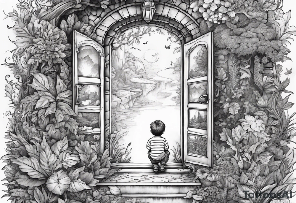 a small boy peeking into a doorway
 leading to a fantasy world filled with nature tattoo idea