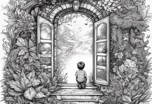 a small boy peeking into a doorway
 leading to a fantasy world filled with nature tattoo idea