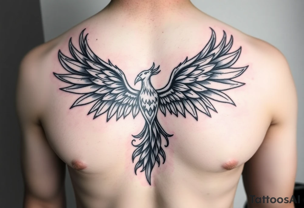 Realistic and symmetrical flaming Phoenix rebirth with spread low wings mapped onto chest tattoo idea