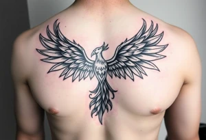 Realistic and symmetrical flaming Phoenix rebirth with spread low wings mapped onto chest tattoo idea