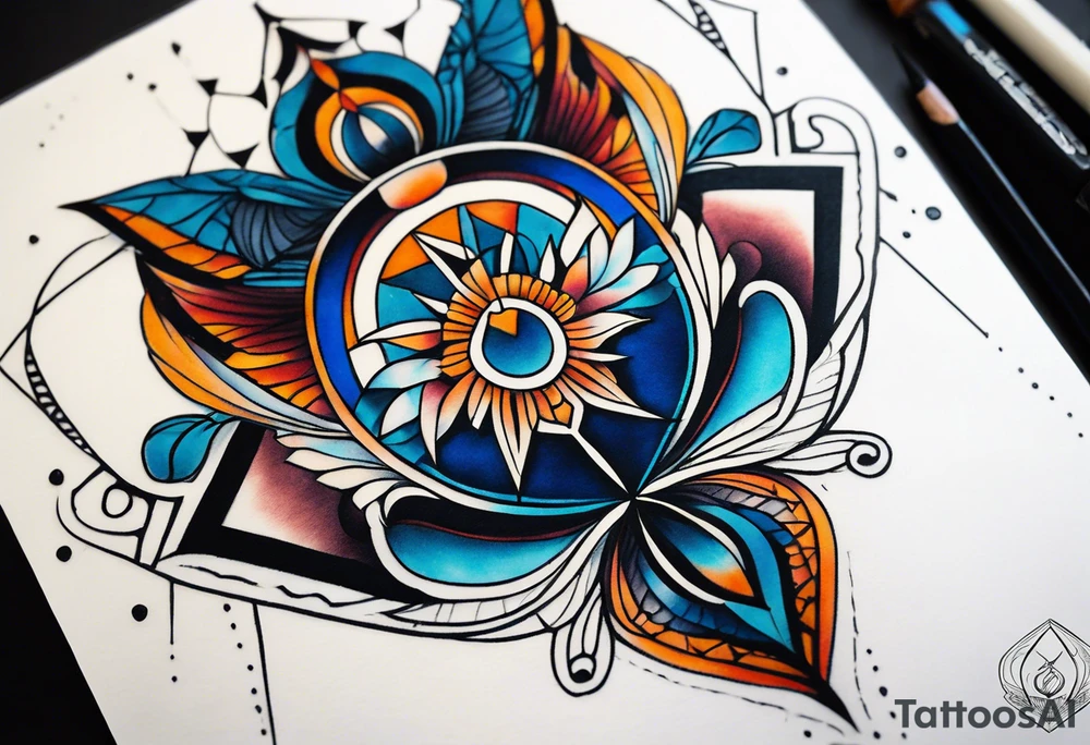 semi Detailed neo traditional knee tattoo flat on paper. The tattoo features geometric patterns and bold lines, creating a visually striking design with slight tints of deep fall colors. The background 
outside the tattoo features deep blues washes and water swirls tattoo idea