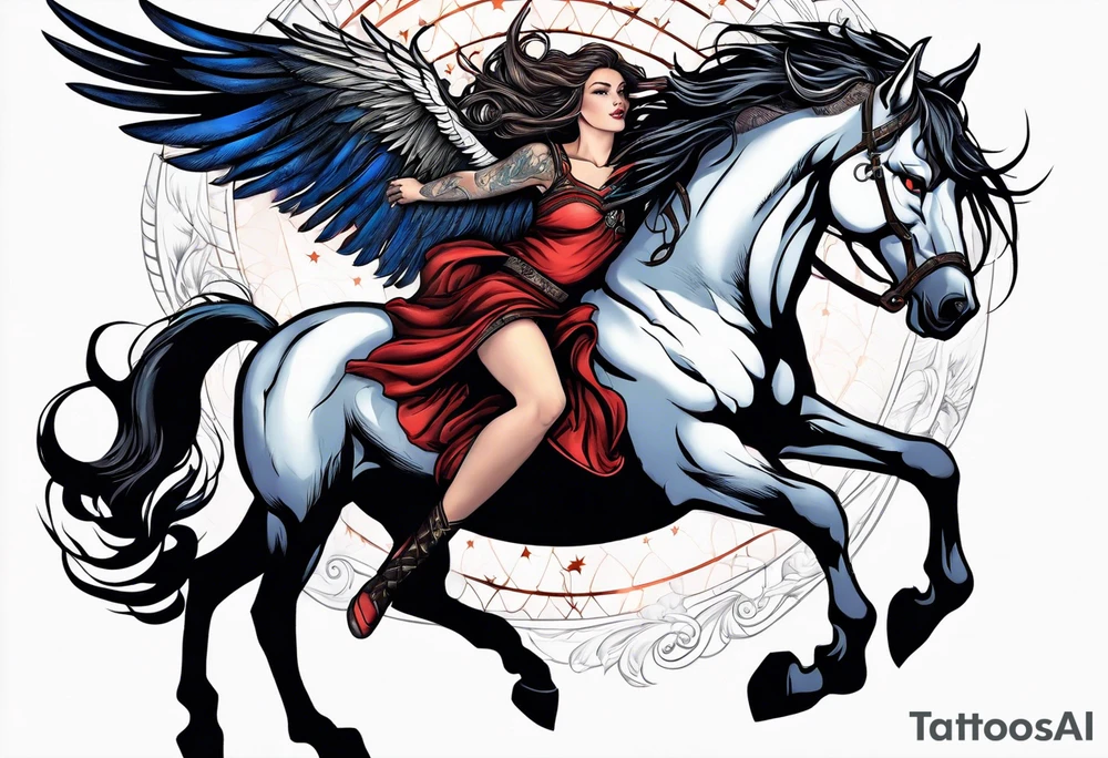 Feminine werewolf and Pegasus fighting in the night tattoo idea