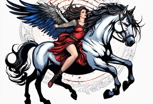 Feminine werewolf and Pegasus fighting in the night tattoo idea