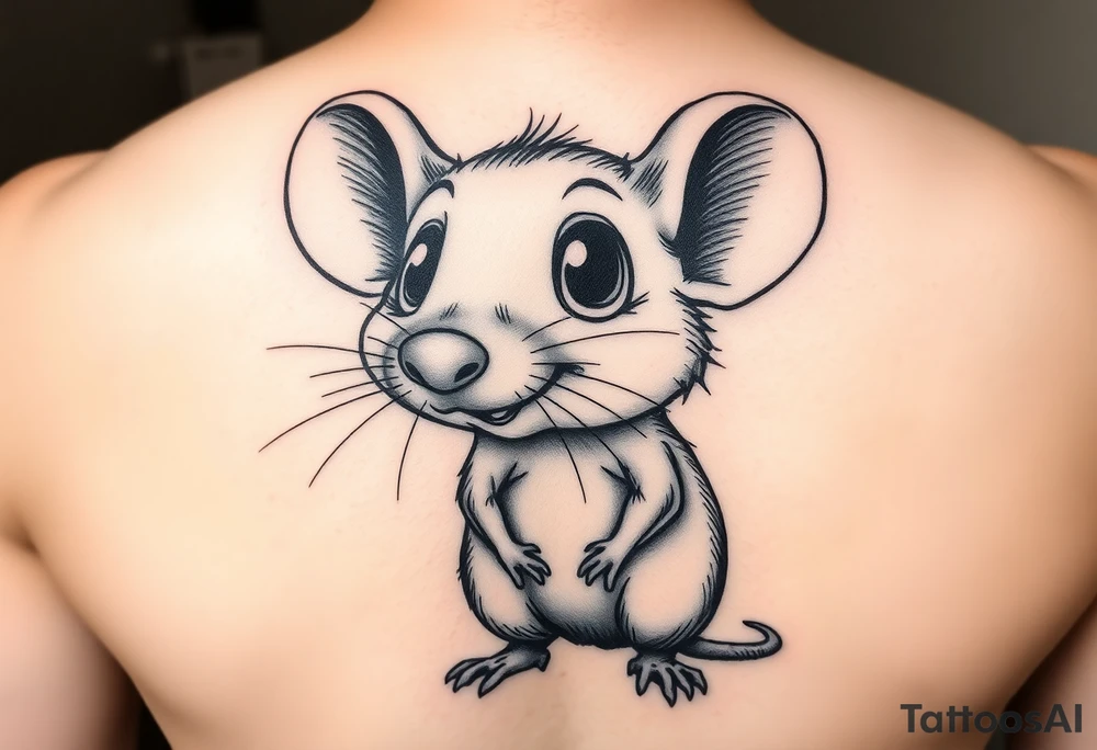 so--try it from the profile...a big head, big eyes, outside the head, big nose
A rat standing uprightwith all his body
Very large, bulging eyes popping out
A cheeky smile
Cartoon style, not baby-like

i like the first one, but try another position of the head tattoo idea