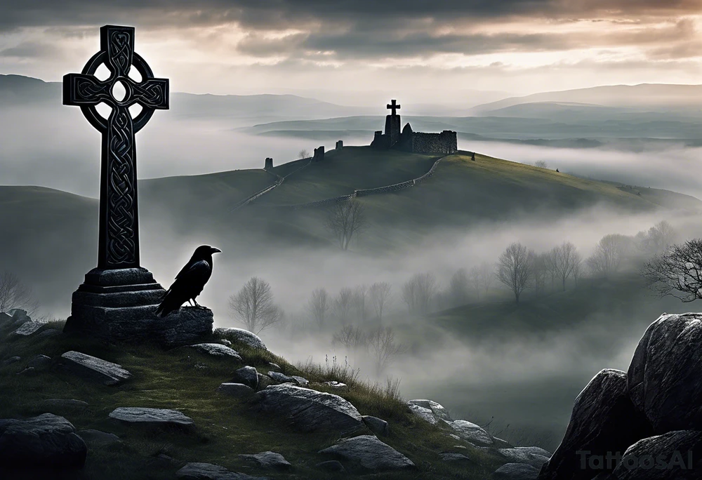 A stone Celtic cross solemnly standing atop a hill, a raven perches atop the cross staring out over the desolation. A ruined stone wall lies crumbling near the cross. Mist rolls along the hilltops adding to the melancholic nature of the scene tattoo idea