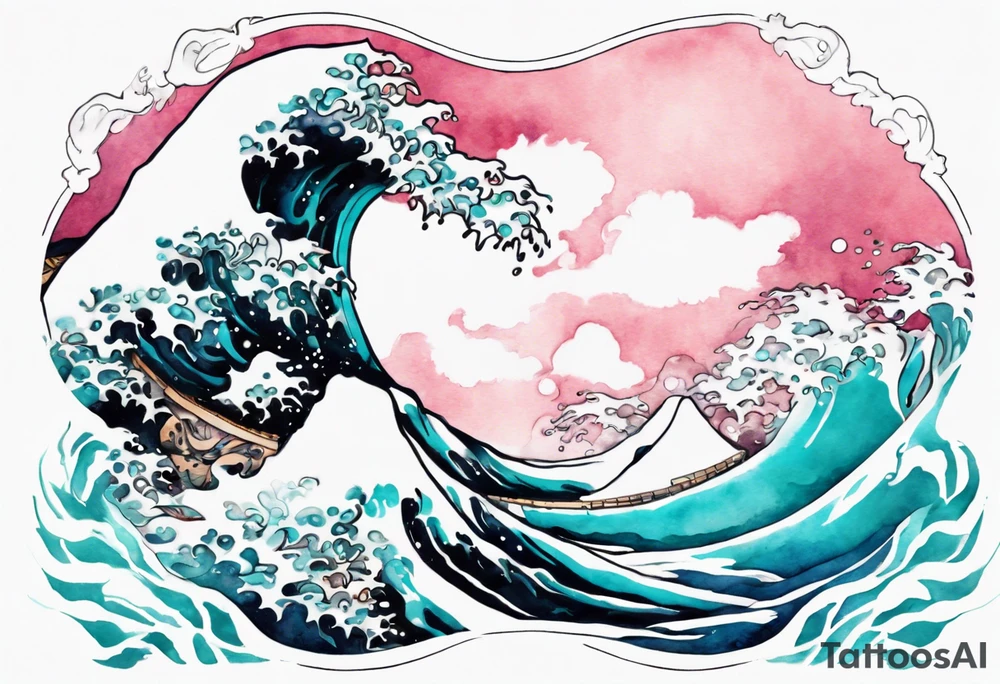 a pretty turquoise pink and white Zubeia rising from the blue waves of the ocean tattoo idea