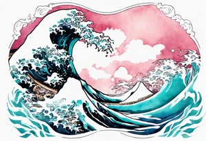 a pretty turquoise pink and white Zubeia rising from the blue waves of the ocean tattoo idea