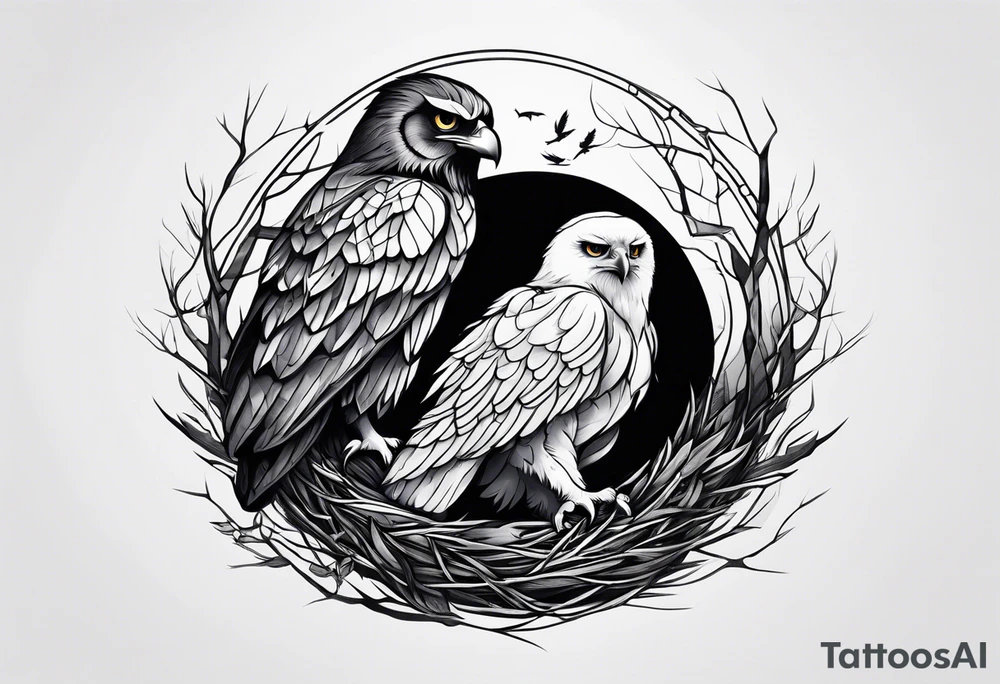 Owl, raven, eagle cuddled in a nest, looking down into the nest tattoo idea