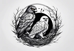 Owl, raven, eagle cuddled in a nest, looking down into the nest tattoo idea