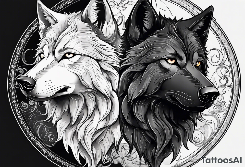 black wolf and white wolf in a ying yang style tattoo idea
