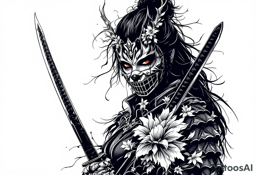 Woman samurai with red eyes wearing an half and broken kitsune mask, holding 
two katanas and Sakura flowers ornement tattoo idea