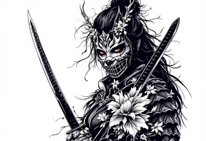 Woman samurai with red eyes wearing an half and broken kitsune mask, holding 
two katanas and Sakura flowers ornement tattoo idea