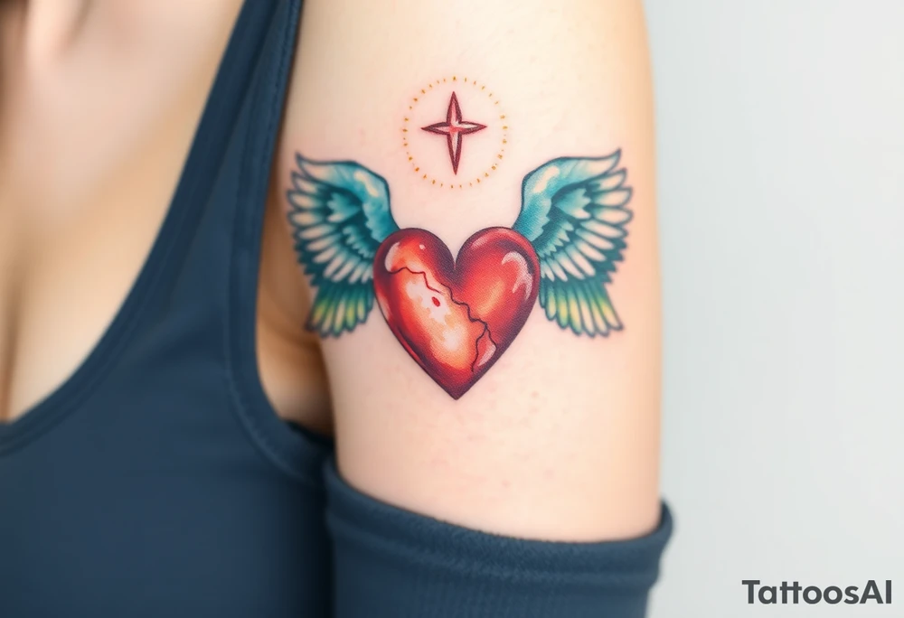 dainty catholic sacred heart with angel wings tattoo idea