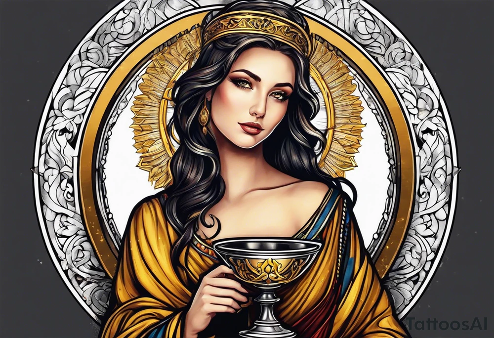 woman saint holding chalice surrounded by golden halo portrait tattoo idea