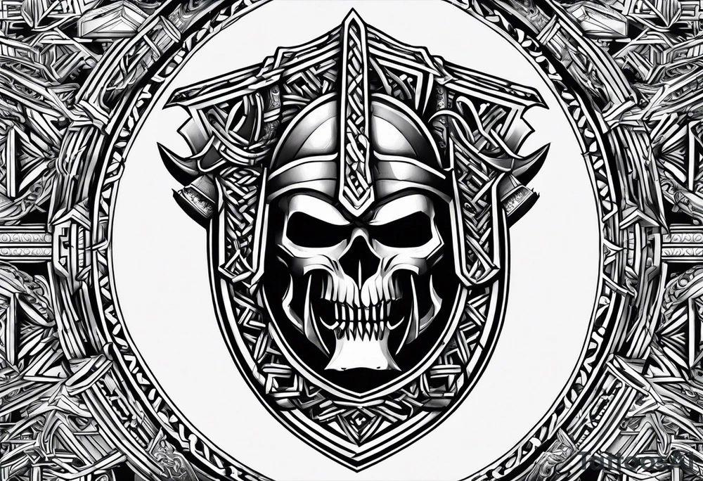 Valhalla sword shield axe Valknut chains tattoo idea