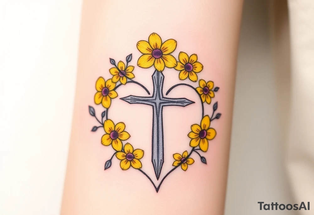 Yellow daisy Purple Hearts around a cross tattoo idea