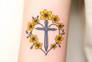 Yellow daisy Purple Hearts around a cross tattoo idea