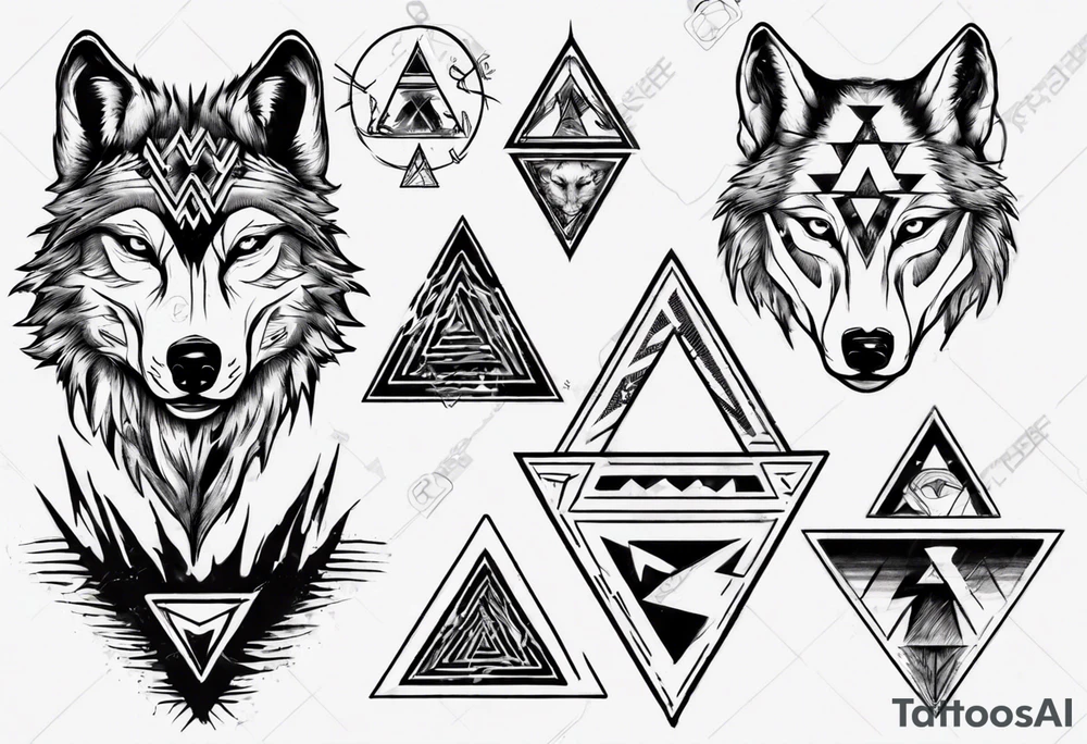 wolf head with triangle on the forehead and trangle in the background tattoo idea