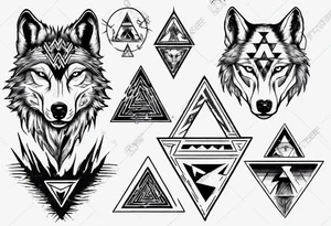 wolf head with triangle on the forehead and trangle in the background tattoo idea