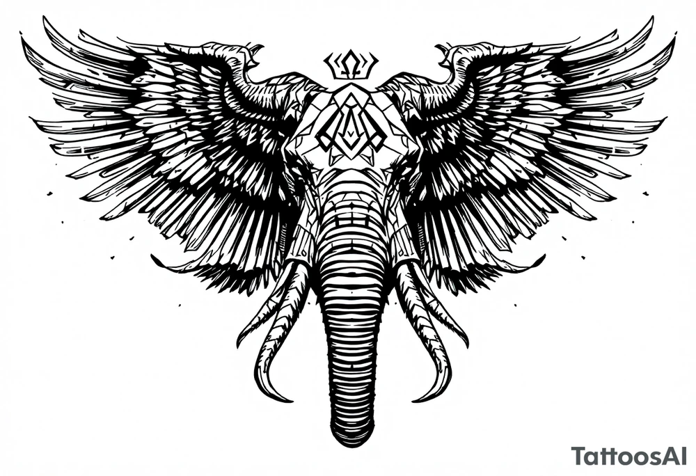 A hieroglyphic, depicting an ancient and gargantuan African elephant with horns protruding from its forehead and wings that resemble that that of a falcons tattoo idea