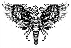 A hieroglyphic, depicting an ancient and gargantuan African elephant with horns protruding from its forehead and wings that resemble that that of a falcons tattoo idea