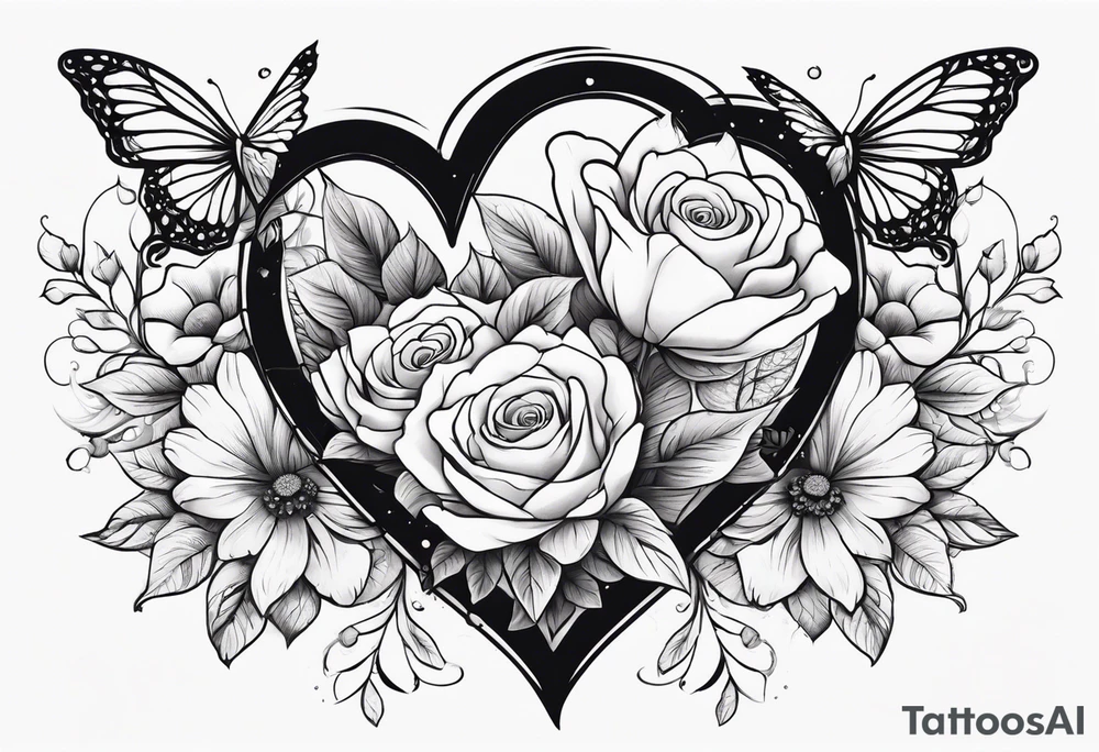 hands holding a heart. flowers sprouting from the top of the heart and butterflies flying around the flowers tattoo idea