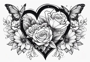 hands holding a heart. flowers sprouting from the top of the heart and butterflies flying around the flowers tattoo idea
