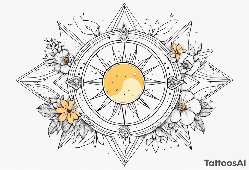 fine line with sun, stars, floral, dots. Sternum tattoo tattoo idea