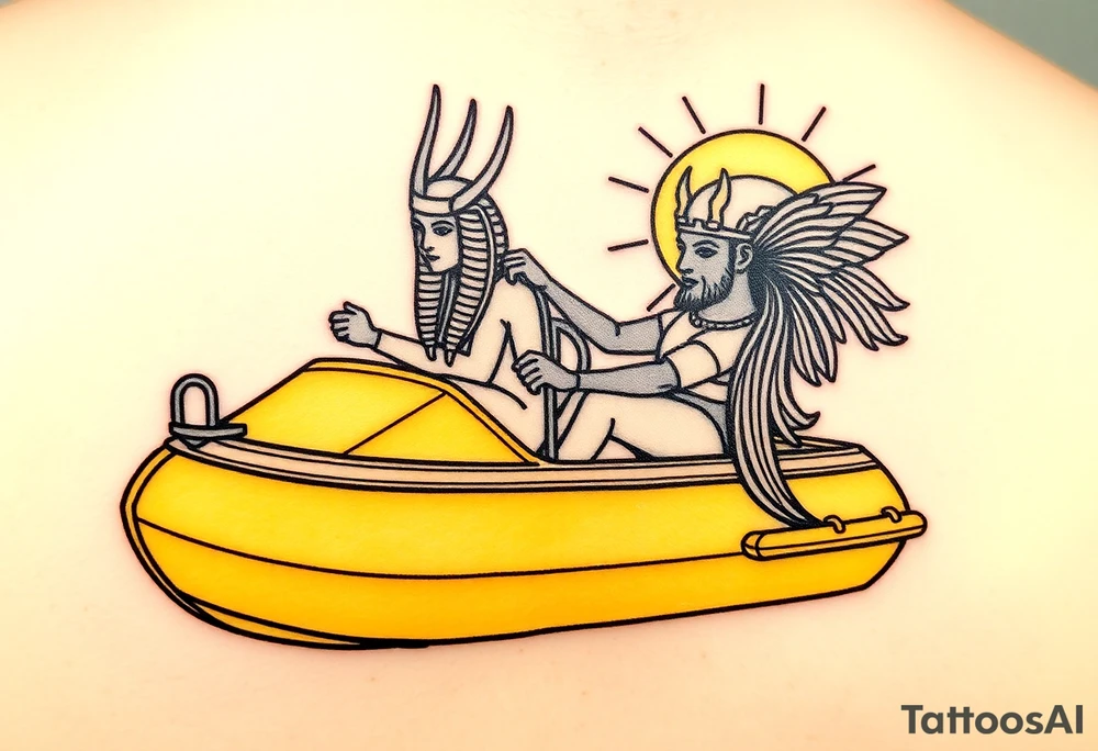 "Anubis driving a yellow Uber-styled solar barge.  
Passengers:  
- Голый Пикассо (из «Ампир V»)  
- Алиса (с табличкой 'Аид – 5★')  
Meter reads: *'SOUL: 4.8 rating (would not reincarnate)'*.  

Style: Urban hieroglyph. Black/yellow. Calf." tattoo idea