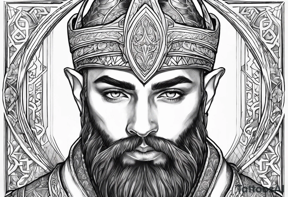 human-elf, bearded bald male, paladin, full-body tattoo idea