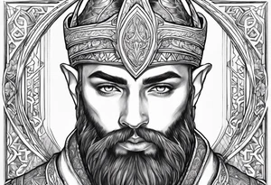 human-elf, bearded bald male, paladin, full-body tattoo idea