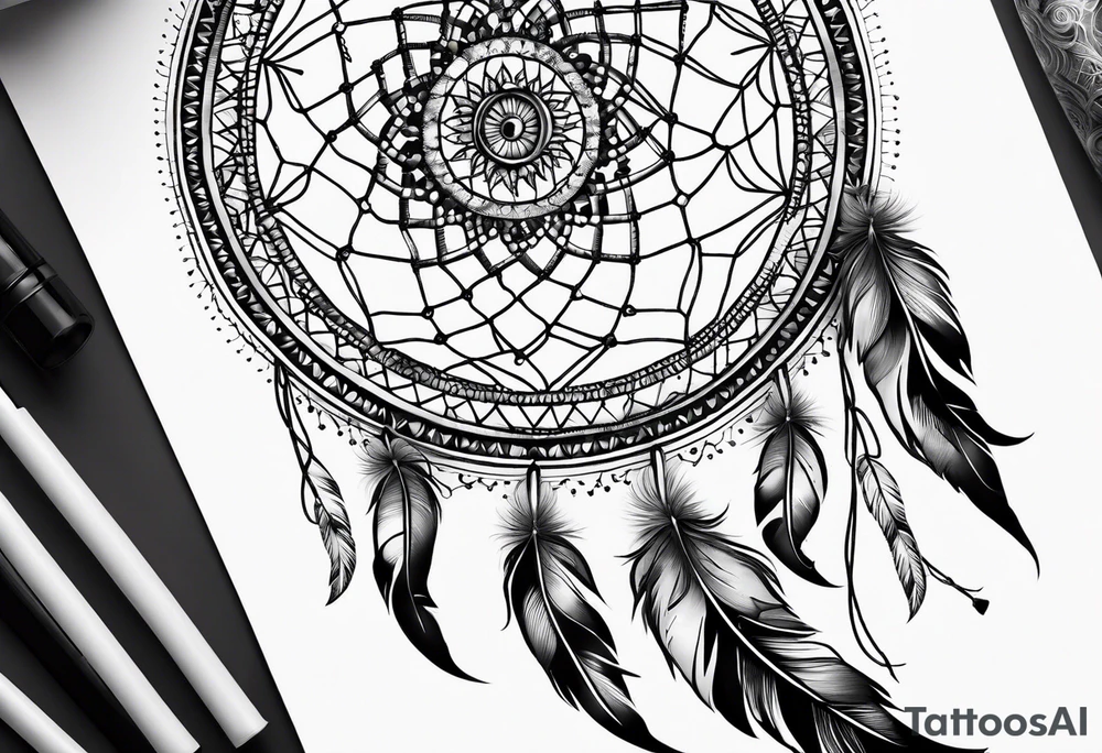 A black and white detailed dream catcher with a lot of shading tattoo idea