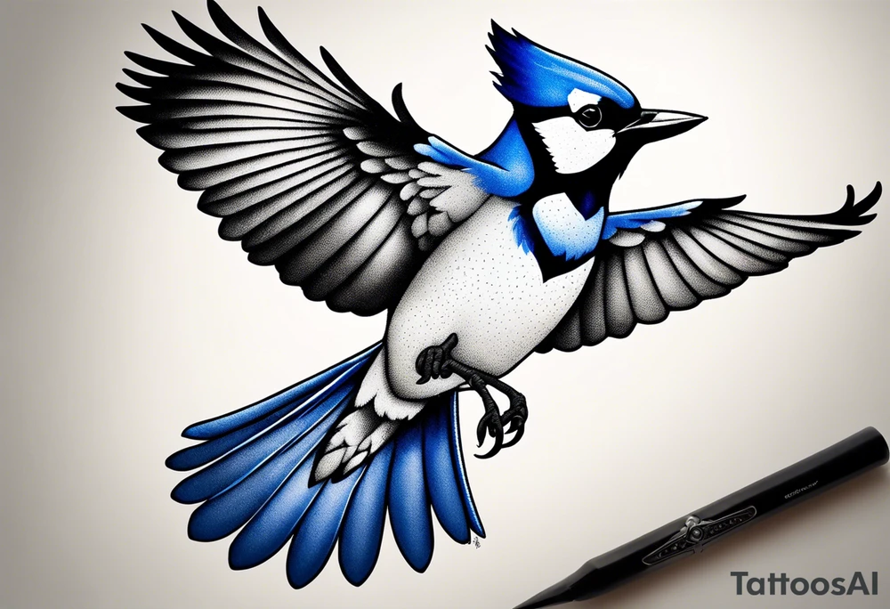 Strong blue jay bird in flight head down tattoo idea