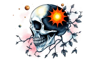 gothic skull as the moon and life as the sun. intertwined with climbing  vines as space dust connecting planets and galaxy in background of skull tattoo idea