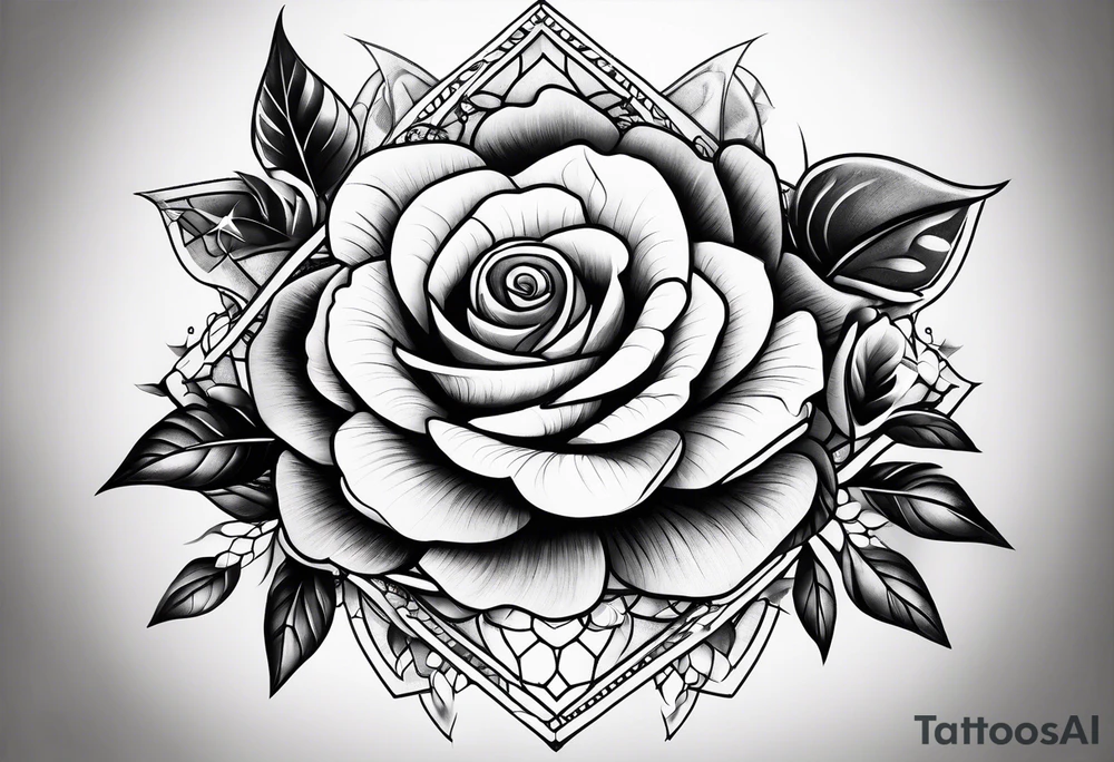 Tesseract with big roses and small stars tattoo idea