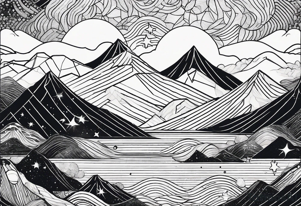 Mountain, sea waves, space with two littel Stars, geometrical Firma dashed lines overlapping tattoo idea