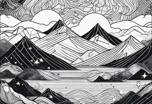 Mountain, sea waves, space with two littel Stars, geometrical Firma dashed lines overlapping tattoo idea