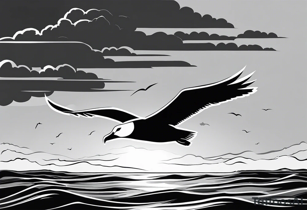 A black and white illustration of a silhouette of an albatross in flight against a stormy sky. The albatross is a large seabird with a wingspan of up to 11 feet. It is known for its ability to fly long distances over open water. The stormy sky has dark clouds and lightning. The background is the ocean. tattoo idea