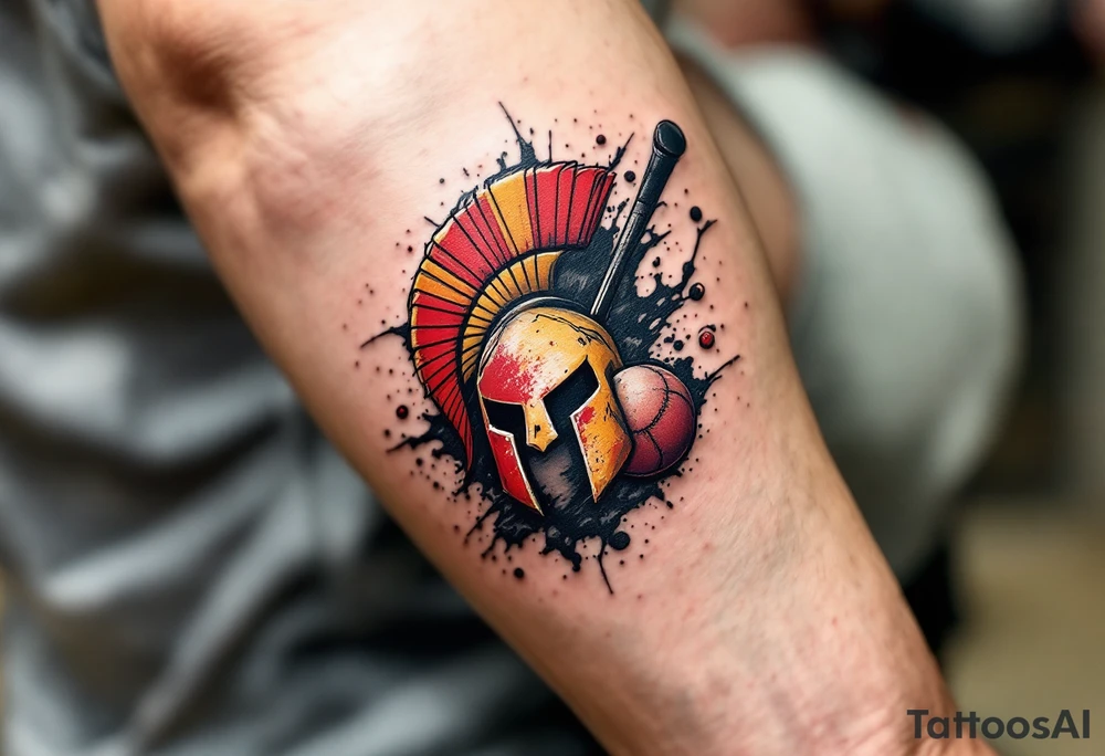 An abstract tattoo of a puck and ball crashing together, merging into the red-and-yellow Sparta logo. tattoo idea