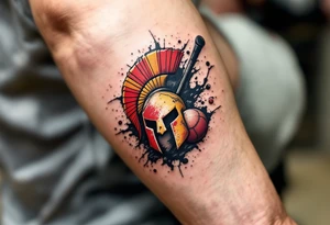 An abstract tattoo of a puck and ball crashing together, merging into the red-and-yellow Sparta logo. tattoo idea