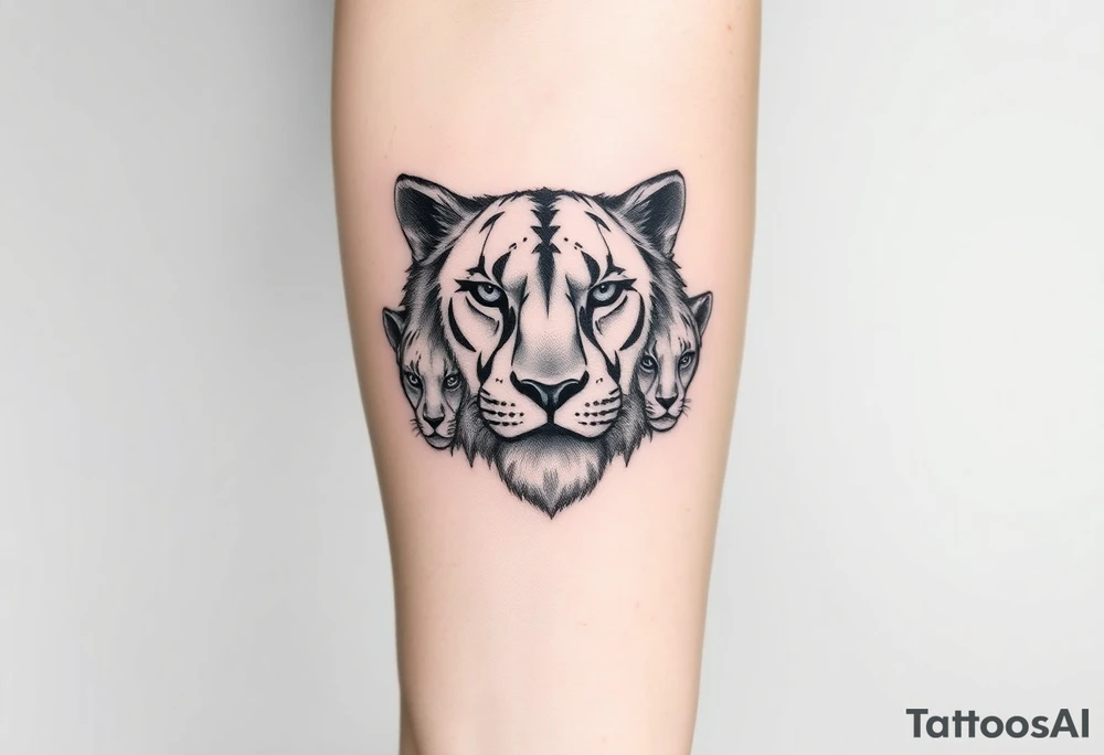 Geometric half male lion face half 3 female cubs faces tattoo idea