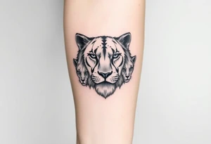 Geometric half male lion face half 3 female cubs faces tattoo idea
