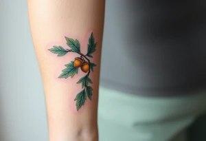 on the forearm an oak branch with thick leaves and acorns tattoo idea